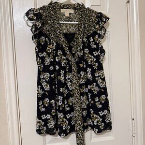 Michael Kors Sleeveless Floral Scarf Tie Neck Blouse XS